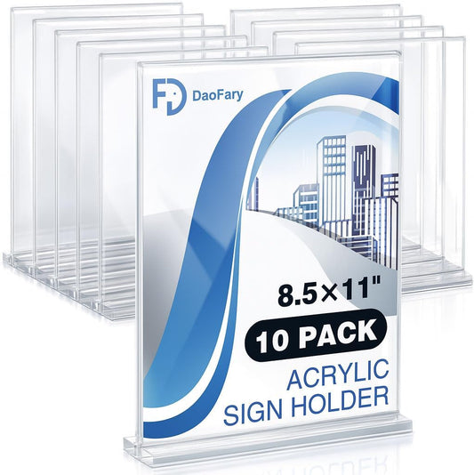 Daofary Acrylic Sign Holder 8.5 x 11 Inches 10 Pack, Double-Sided Stand up Table Top Paper Holder, Store Sign Holders, Plastic Sign Display for Restaurants, Hotels, Office