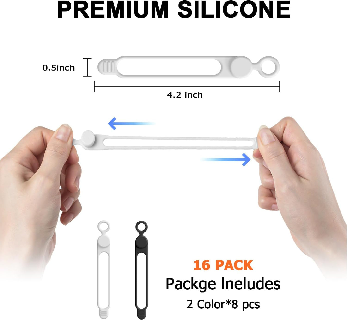 Nearockle 16Pcs 4.2" Silicone Cable Ties Cord Organizer for Cable Management, Reusable Cable Organizer Electronic Accessories in Home,Office,Kitchen,School,Travel(Black*8 & White*8)