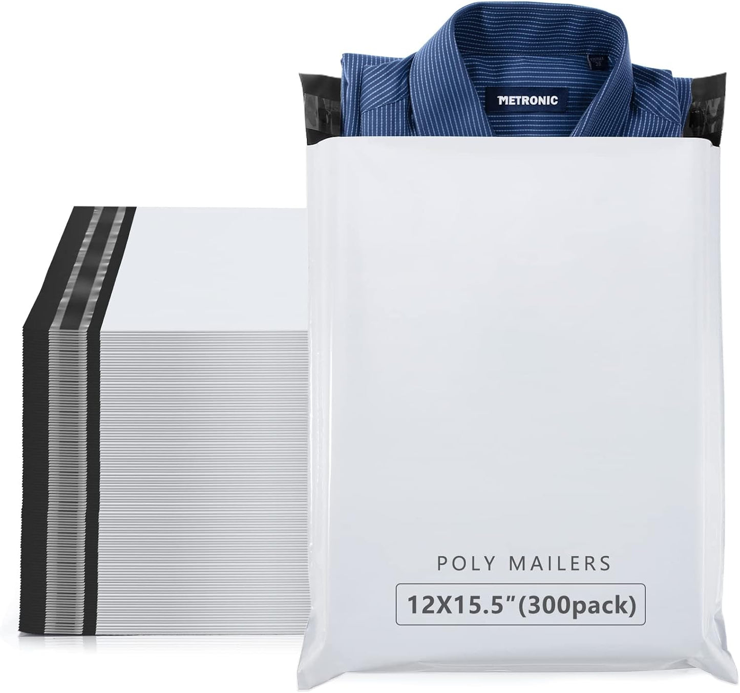 Metronic 300 Pcs Poly Mailers 12x15.5, Medium Size Shipping Bags for Small Business Supplies,White Poly Mailer Bags for Clothing Packing Supplies, Strong Adhensive Shipping Mailing Envelopes Self Seal