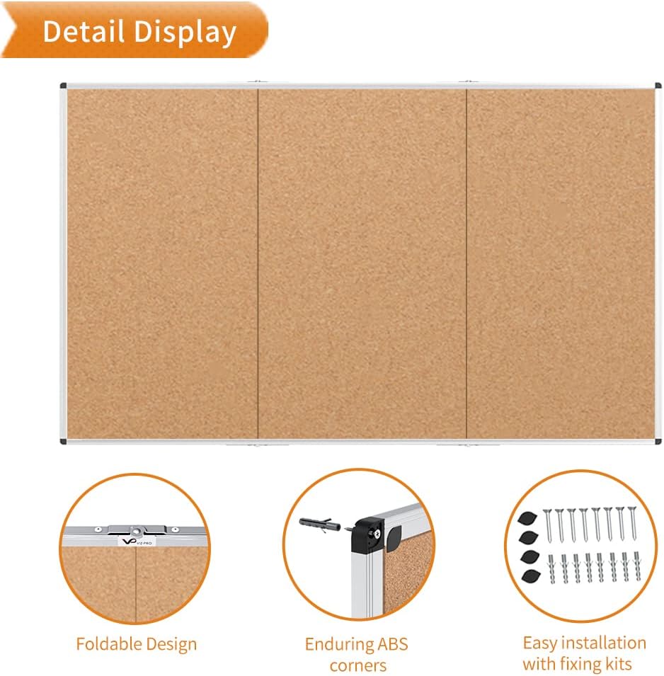 VIZ-PRO 96" x 48" Large Cork Bulletin Board, Foldable & Wall-Mounted Notice Pin Board with Silver Aluminum Frame, for School Home Office - 8' x 4' Corkboard