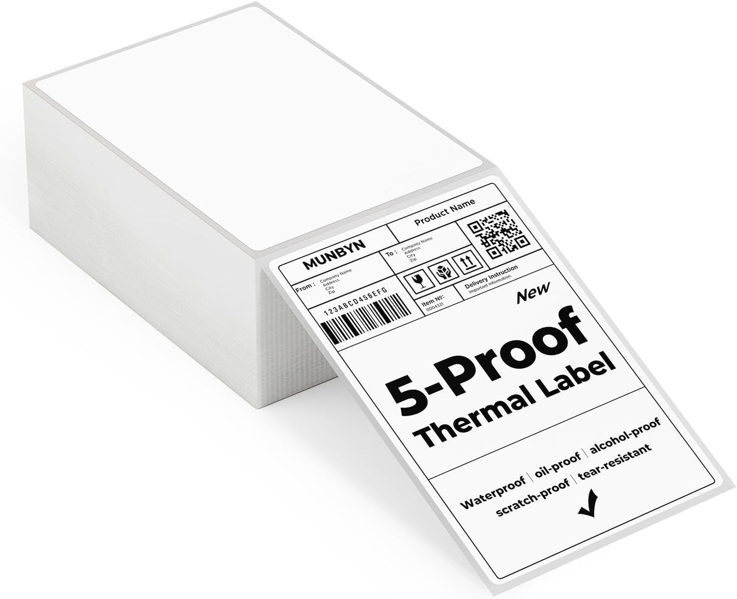 MUNBYN 4"x6" Direct Thermal Shipping Labels, Durable Waterproof, Oil-Proof, Scratch-Proof, Alcohol-Resistant, Tear-Resistant Label Paper for Thermal Printers, Packages, 380 Sheets/Fanfold