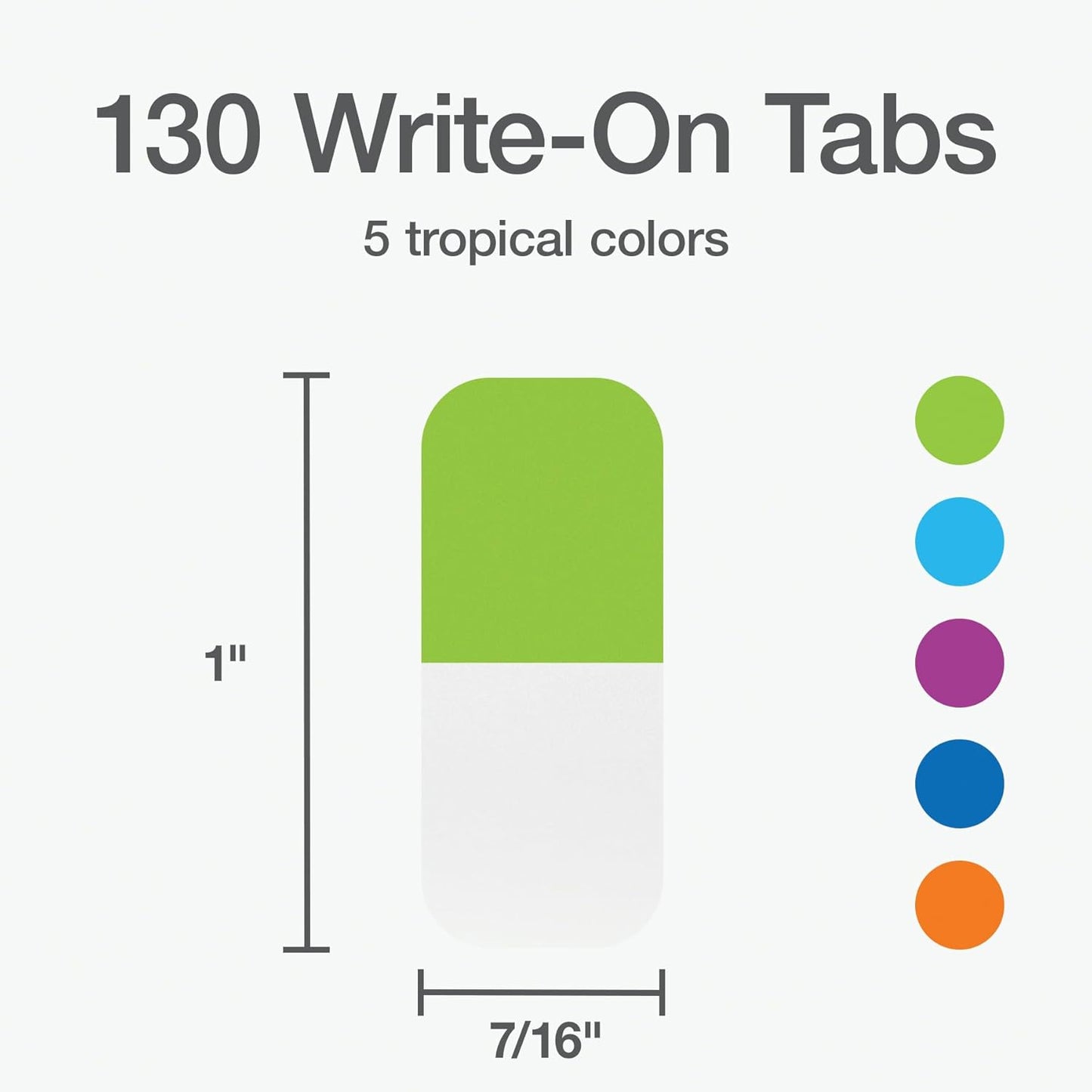 Redi-Tag Write-On Tabs, Permanent Adhesive Index Tabs, Tropical Colors: Purple, Green, Blue, Dark Blue, Orange, 1" x 7/16", 130 Pack (1009304)