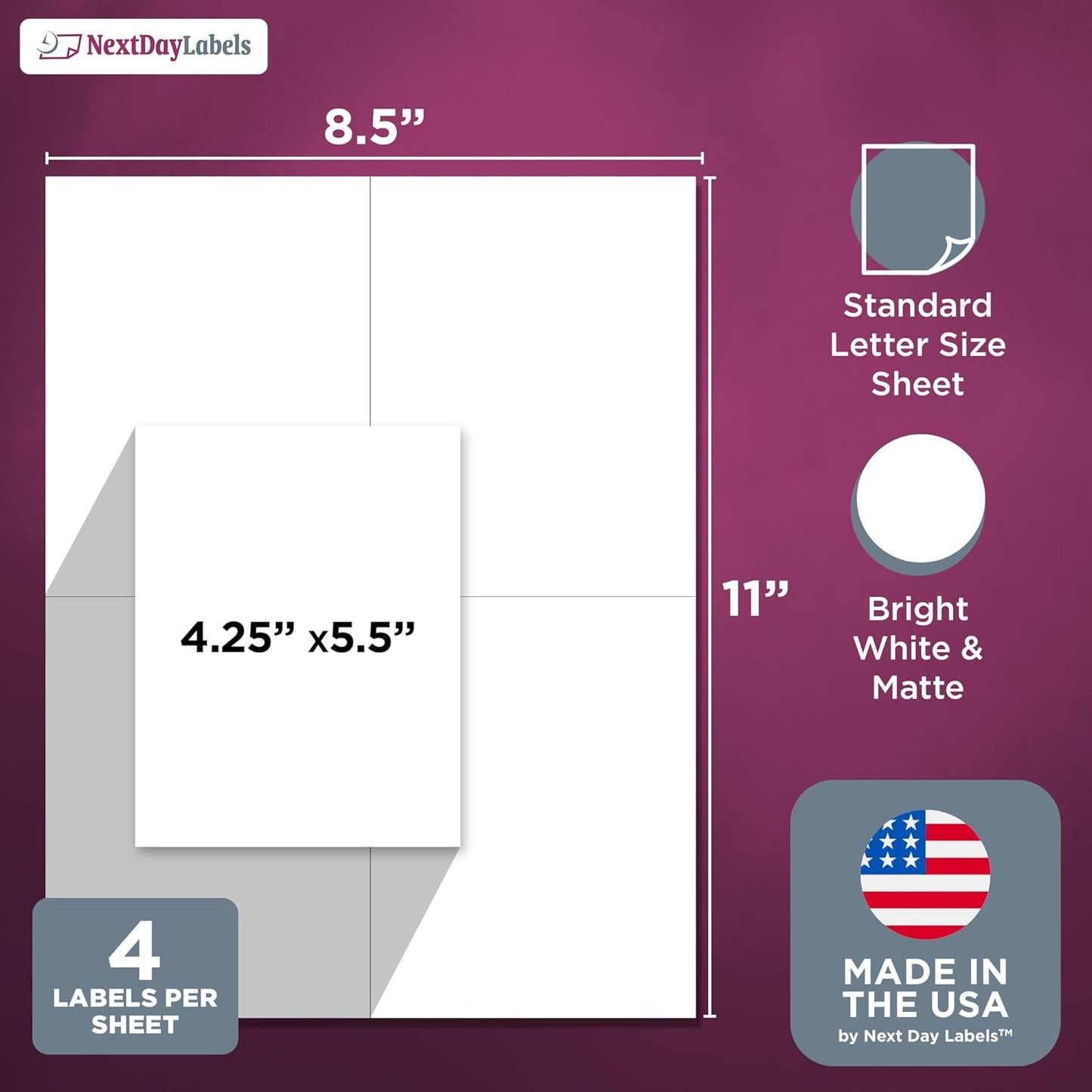 NextDayLabels - Laser/Ink Jet White Labels (4-1/4" x 5-1/2" - 4 Per Page | 100 Labels)