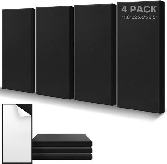 4Pack Fiberglass Acoustic Panels, Self Adhesive Sound Proof Foam Panels for Walls, Sound Dampening Panels for Studios, Office, Home Theater Soundproofing Absorbing Noise Reducing, 23.6x11.8x2.5" Black