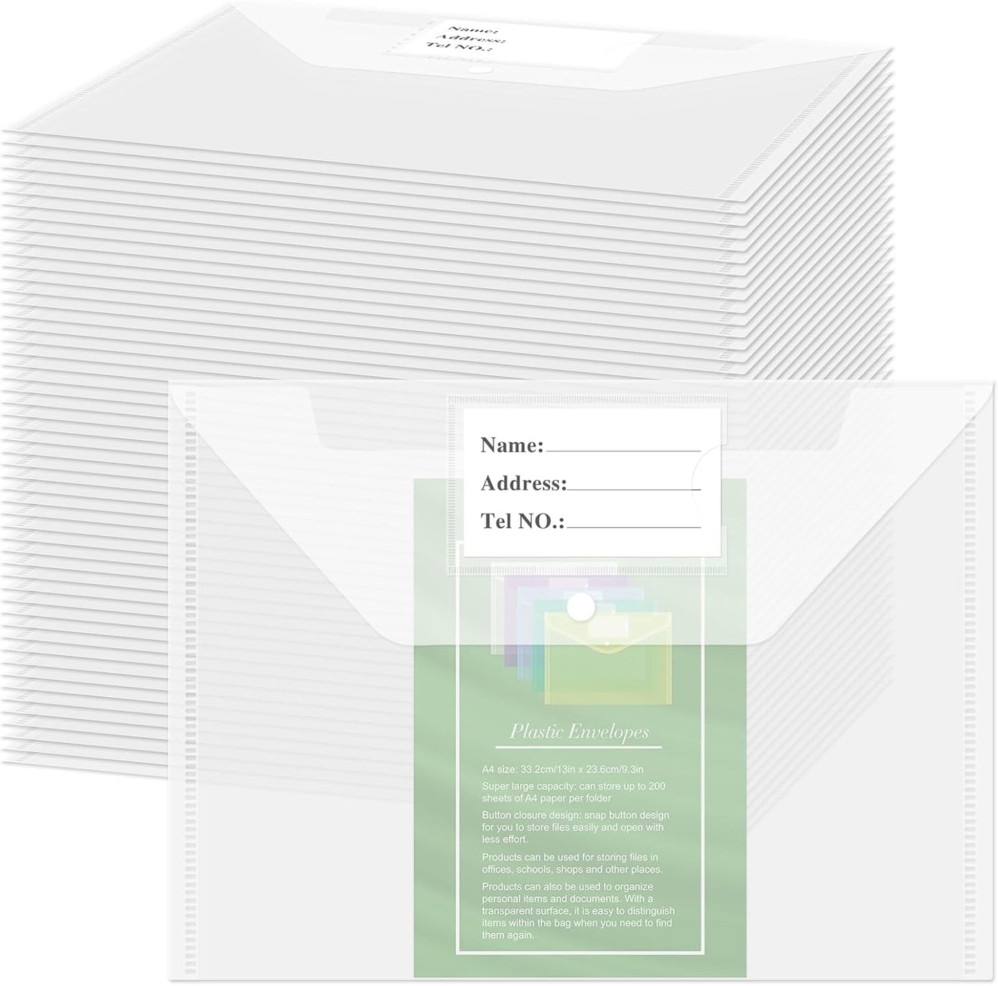 NACHLYNN 108 Pack Plastic Envelopes Plastic Folders with Snap Closure, A4 Size Clear File Envelopes with Label Documents Folders Organizers for Home Work Office Organization