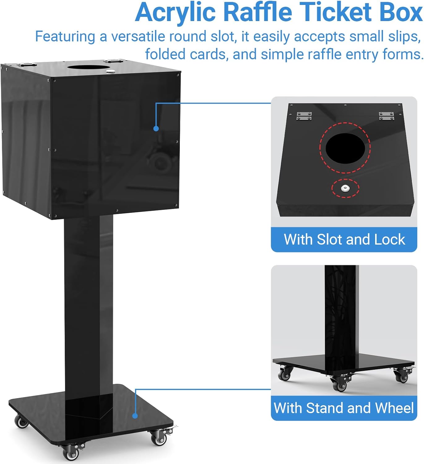 GARVIN Acrylic Raffle Ticket Box with Stand, Lockable Collection Boxes with Slot for Drawings, Voting, Fundraisers, Suggestion Cards, Secure Donation Box, Large Capacity, Black