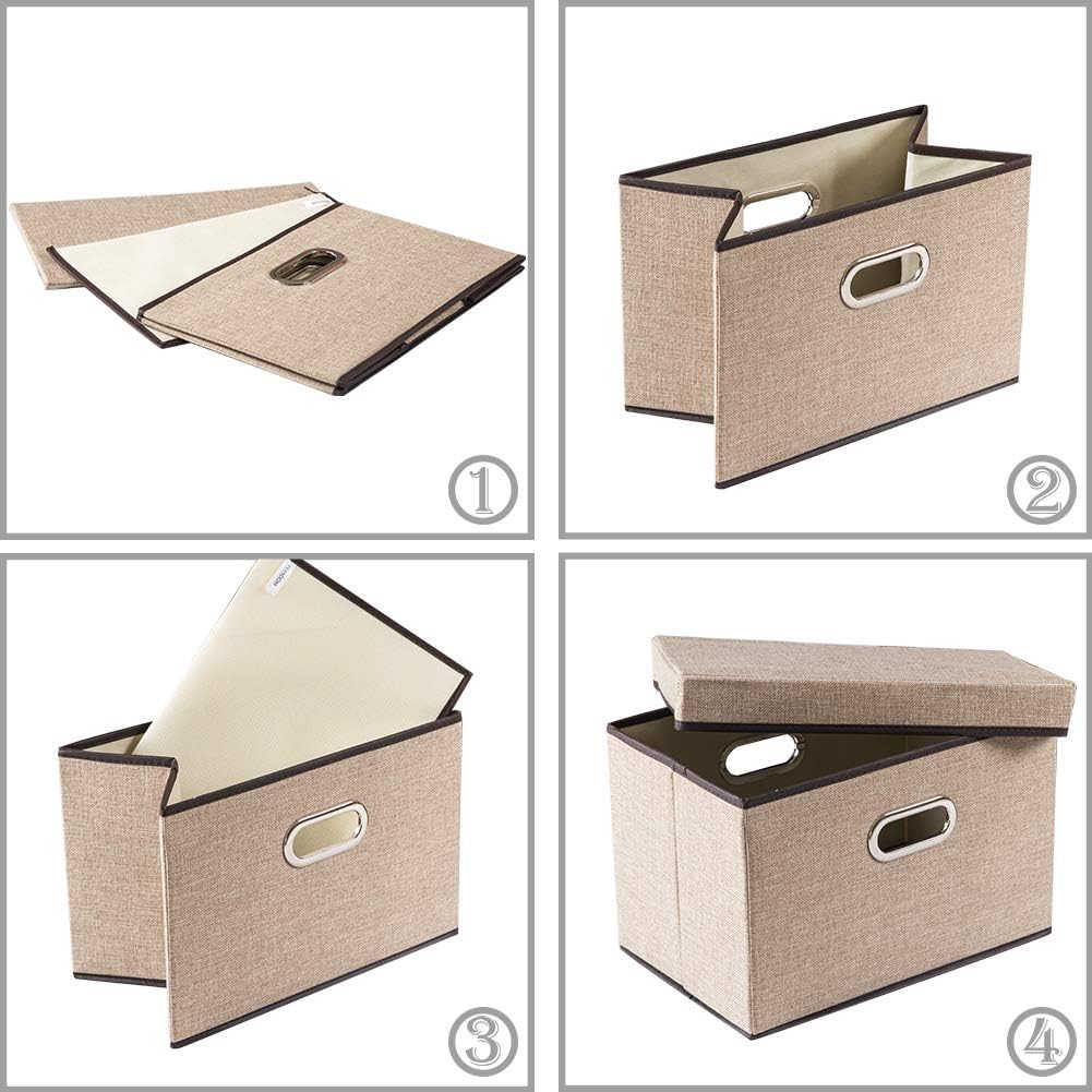 PRANDOM Collapsible Storage Containers with Lids [5-Pack] Jute Fabric Foldable Storage Bins Boxes Organizer Baskets Cube with Cover for Home Bedroom Closet Office Nursery (14.9x9.8x9.8)