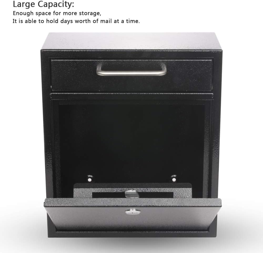 KYODOLED Steel Key Lock Mail Boxes for Outside, Locking Wall Mount Mailbox, Security Key Drop Box,12H x 10.51L x 4.68W Inches, Black Large
