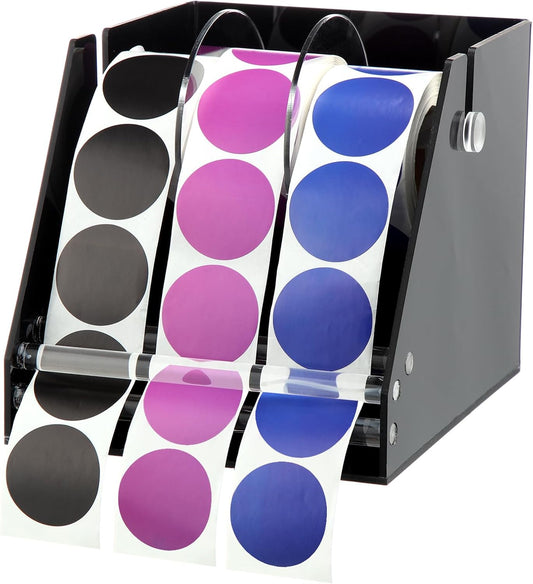 Adjustable Label Dispenser Acrylic Sticker Roll Dispenser Label Roll Holder Multi Use Sticker Holder Organizer Stand for School Gifts and Home Office Desktop (3 Disks)