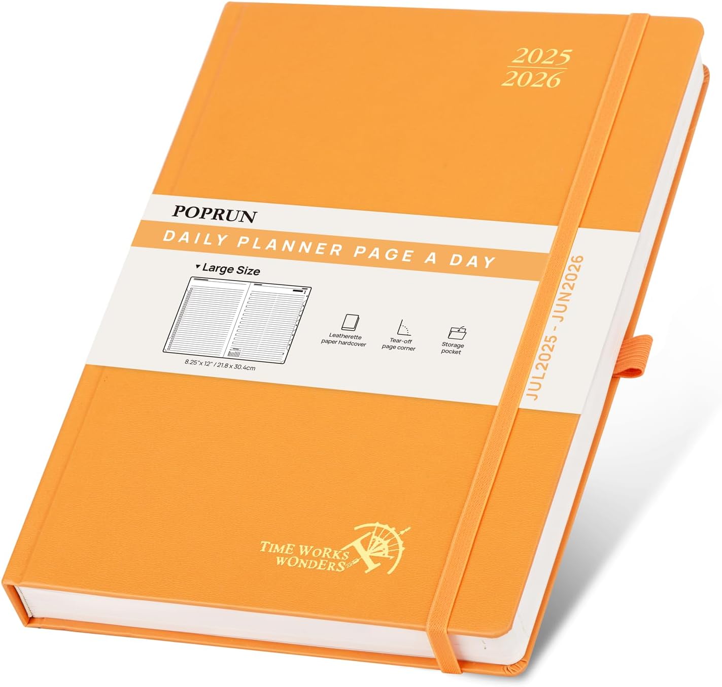 POPRUN 2025-2026 Daily Planner One Page Per Day (Large - 8.25'' x 12'') - Academic Calendar (July 2025 - June 2026), 2025 Day Appointment Book with Monthly Tabs, Hardcover - Orange