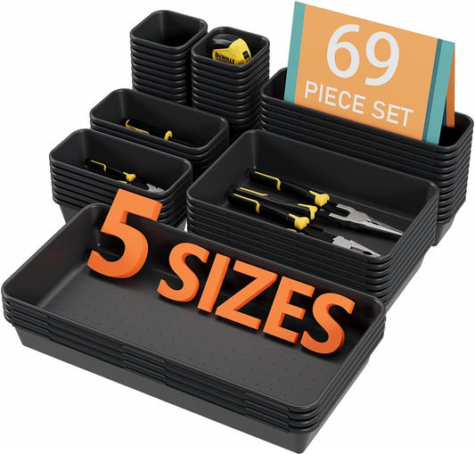 69PCS Large Plastic Interlocking Drawer Organizer, 5 Sizes Versatile Desk Drawer Organizer Trays, Drawer Dividers, Organization and Storage Bins for Tools,Office,Jewelries,Kitchen Utensils and Makeup