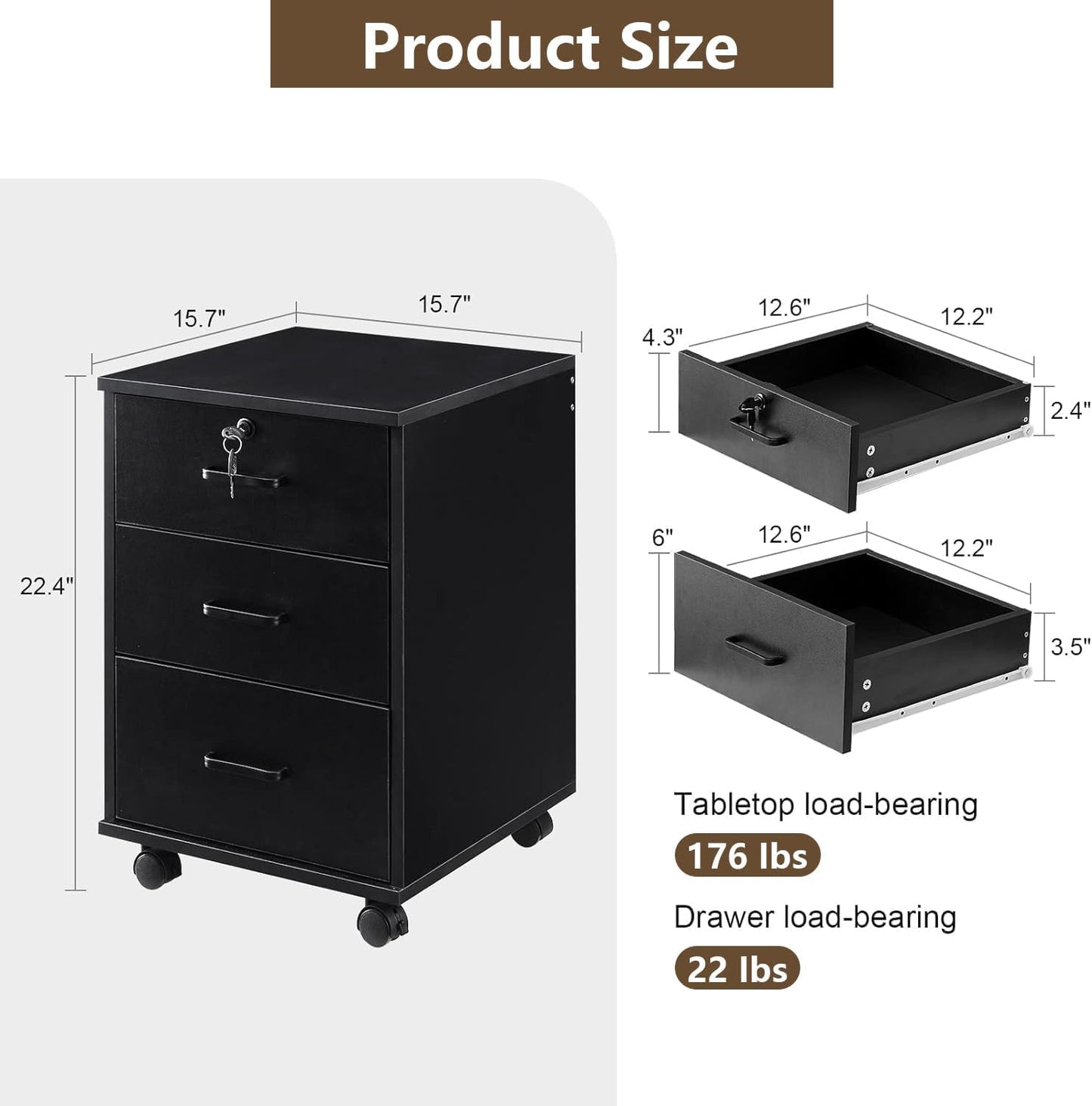 TUKAILAi Mobile File Cabinet with 3 Drawers, Lockable Storage Unit Wooden Rolling Office Filing Cabinet with Wheels, for Legal/Letter/A4 Sized Documents Home Office (Black 1PCS)