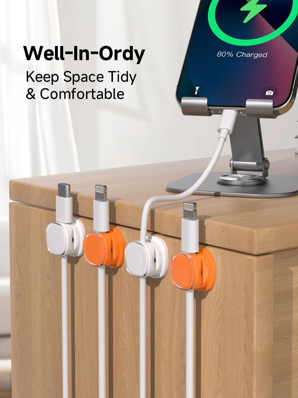 Magnetic Cable Clips, Adjustable Cord Holder Management, Adhesive Wire Keeper Organizer for Home Office Desk Phone PC Car Wall Desktop Nightstand Appliance (9-PCS White & Orange)