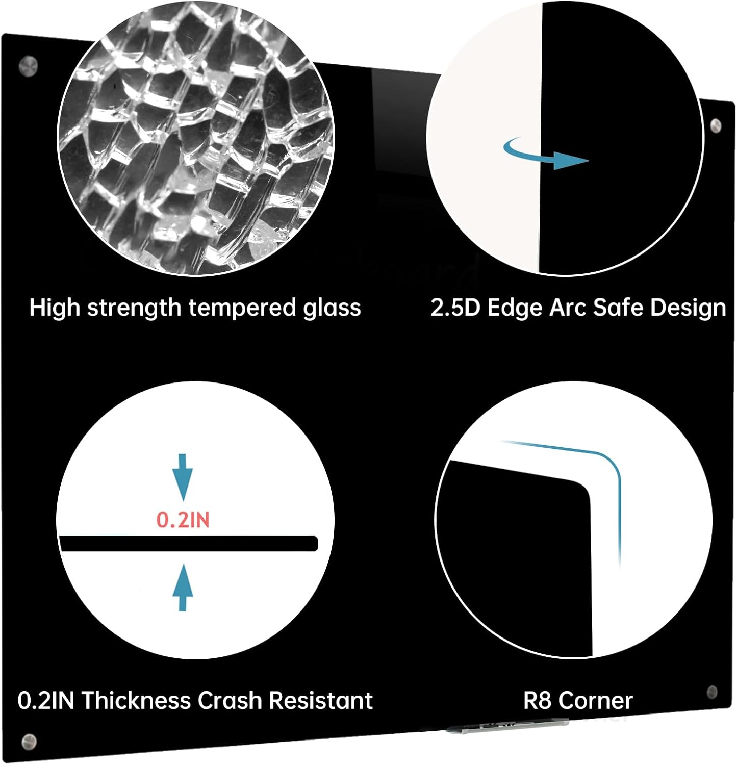 Magnetic Glass Dry Erase Board - Black Board 48 x 96 Inch Wall Mounted Glass Whiteboard, Large Frameless White Board for Wall Office, Home & School, Black
