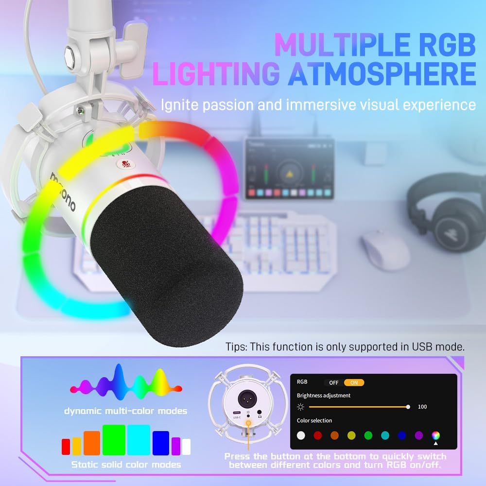 MAONO XLR/USB Dynamic Microphone, RGB Gaming Mic with Software, Mute, Gain Knob, Volume Control and Headphone Jack for Streaming, Podcasting, Recording-PD200X (White)