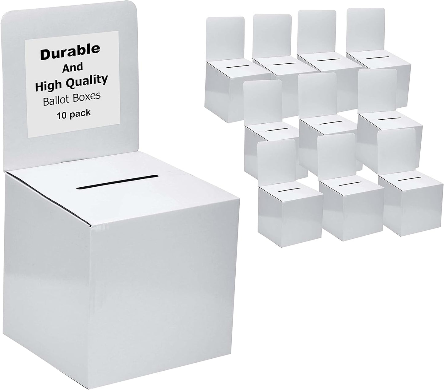 White Card Box XL raffle ticket box Corrugated Ballot and suggestion box with wide slot Donation Box & Removable Header for fundraising events 10.5H x 10.5W x 10D, Display area 11" x 10.5"(10 pack)