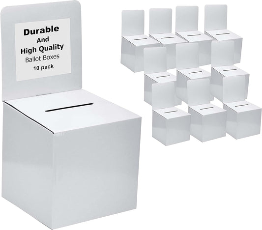White Card Box XL raffle ticket box Corrugated Ballot and suggestion box with wide slot Donation Box & Removable Header for fundraising events 10.5H x 10.5W x 10D, Display area 11" x 10.5"(10 pack)