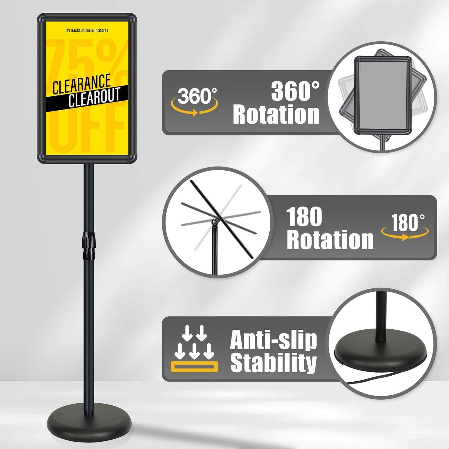 Sign Stand - Standing Sign Holder for 11x17 Inch, Pedestal Poster Sign Stand, Vertical and Horizontal View Sign Displayed, Round Corner Sign Holder for Church School Parties Business, Black (6 Pack)