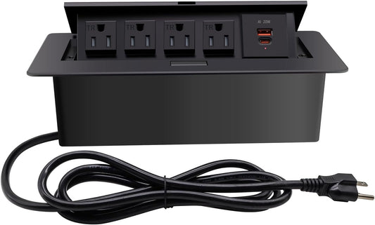 Pop Up Outlet;Pop up Power Strip; Embedded countertop;6.5 Feet 16AWG UL Cable 4 AC Outlets Max Power 1875w USB C PD 20W Fast Charging Used for Home Office Conference, etc (Black)