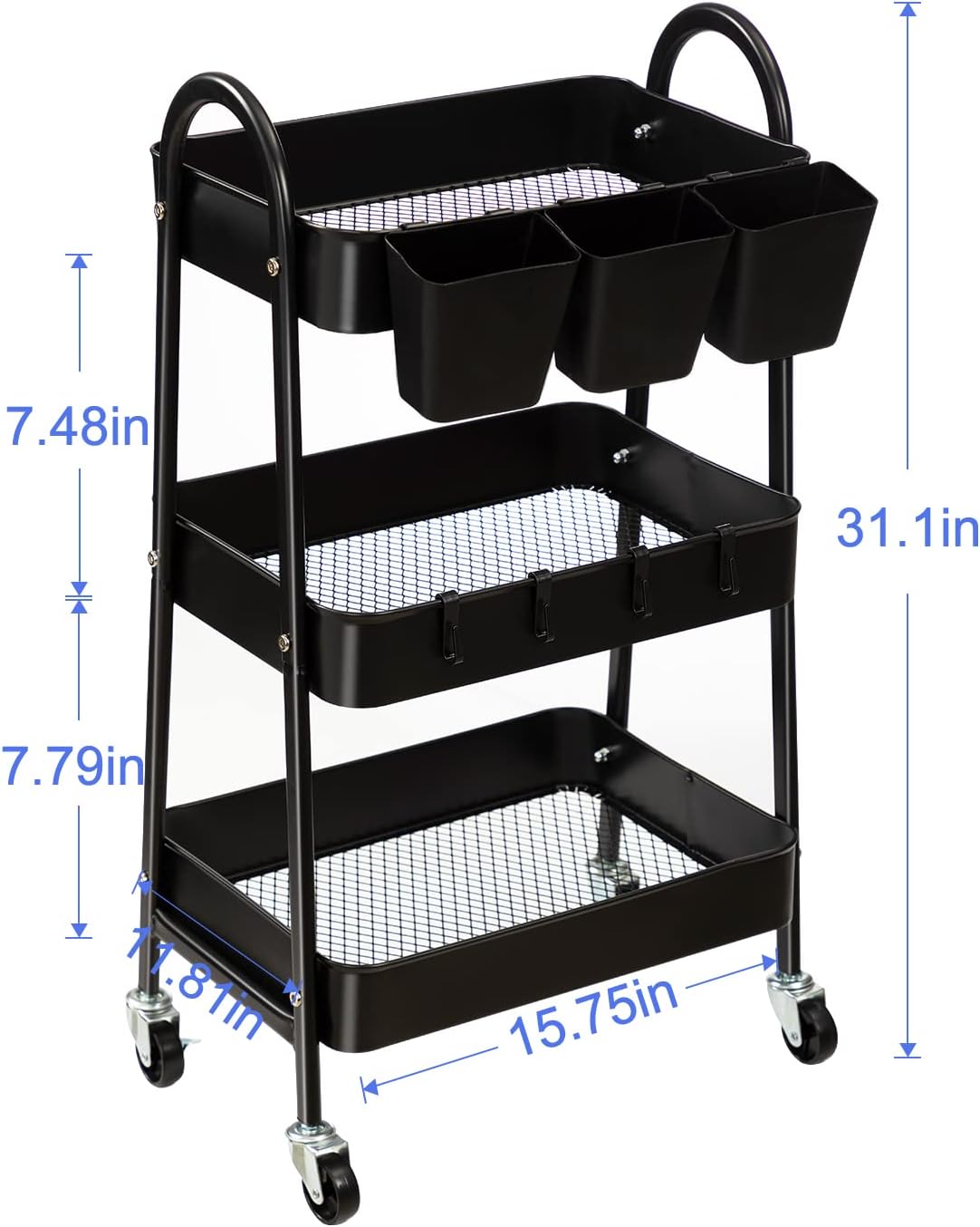 danpinera 3-Tier Rolling Cart, Metal Rolling Storage Cart with Lockable Wheels & Hanging Cups & Hooks, Mobile Trolley Cart for Kitchen, Bathroom, Office, Workshop, Black