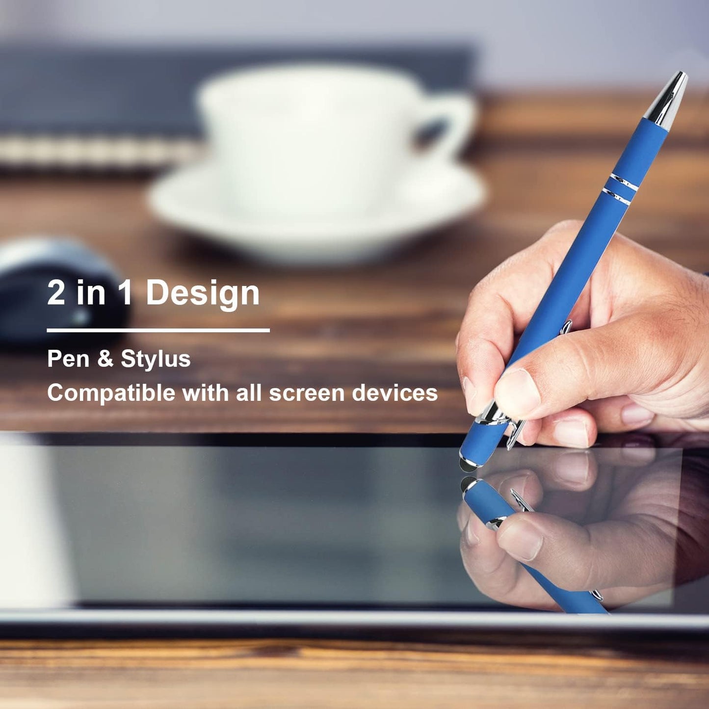 Ballpoint Pen with Stylus Tip, Soft Touch Click Metal Pen, 1.0mm Medium Point, Black Ink, 12 Count(Blue)