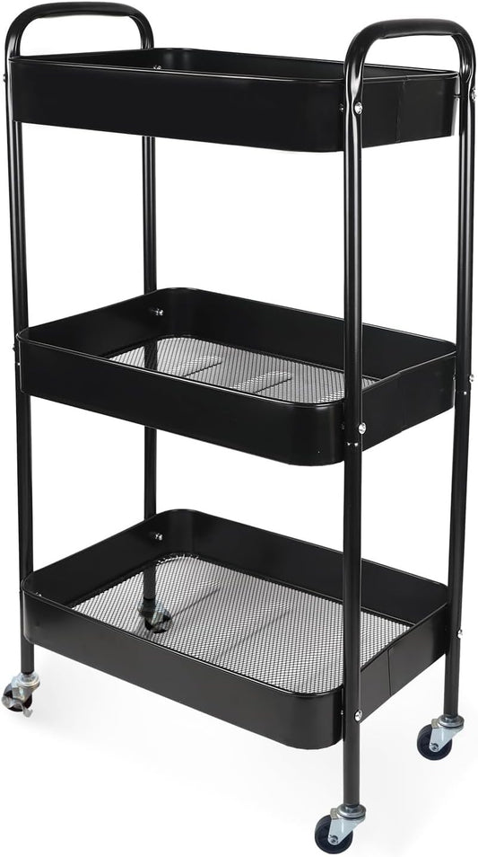 3 Tier Rolling Storage Cart for Kitchen Storage & Laundry Room Organization, Large Capacity Metal Utility Cart on Wheels and 4 Hooks for Art Lash Craft Bedside, Sturdy Nursery Organizer, Black