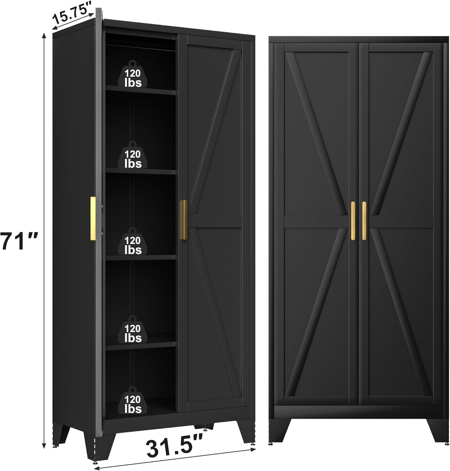 71H Tall Metal Storage Cabinet with 2 Doors and 5 Shelves,Farmhouse Storage Cabinet with Barn Doors,Pantry Storage for Home,Office,Bathroom,Dining Room,Kitchen(Black)
