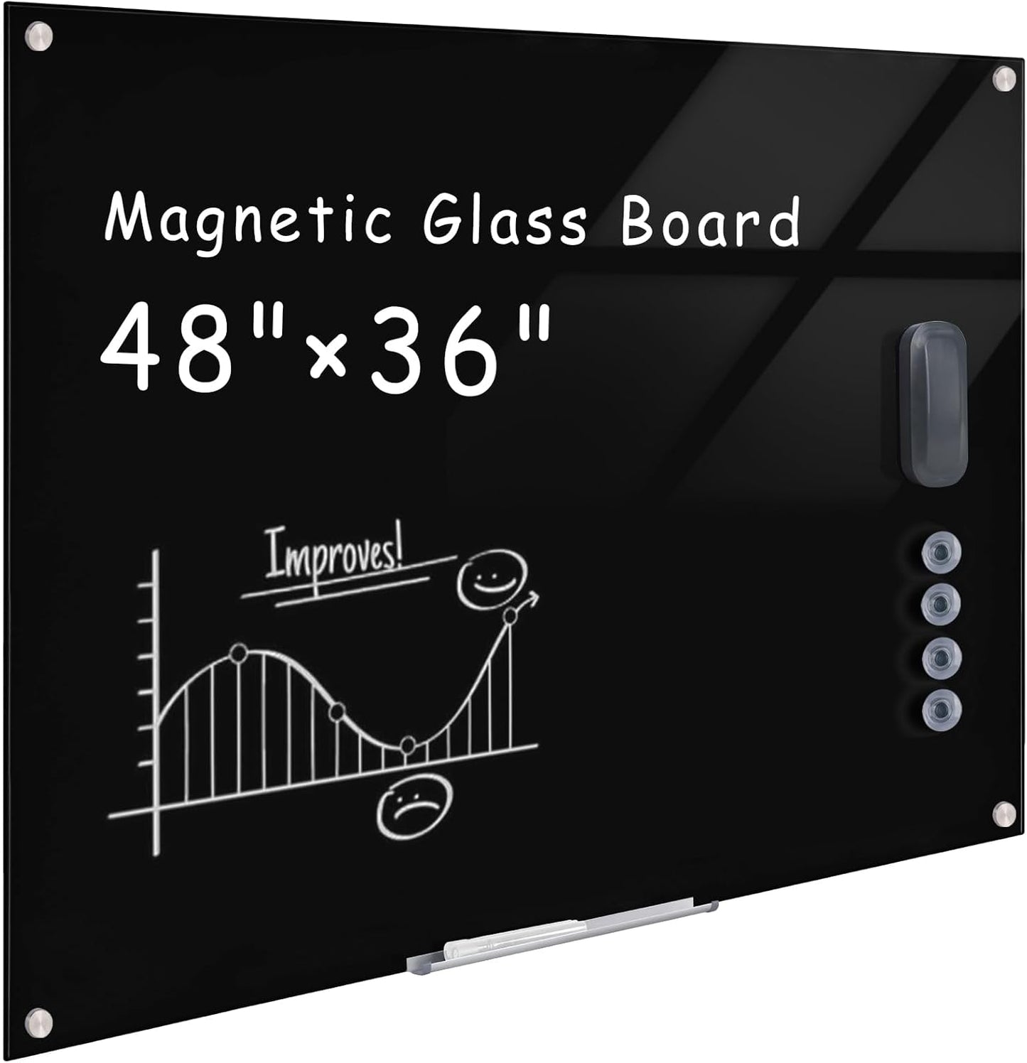 Magnetic Glass Whiteboard，48"x36" Wall Mounted Frameless Dry Erase Board for Office, Home & School Black