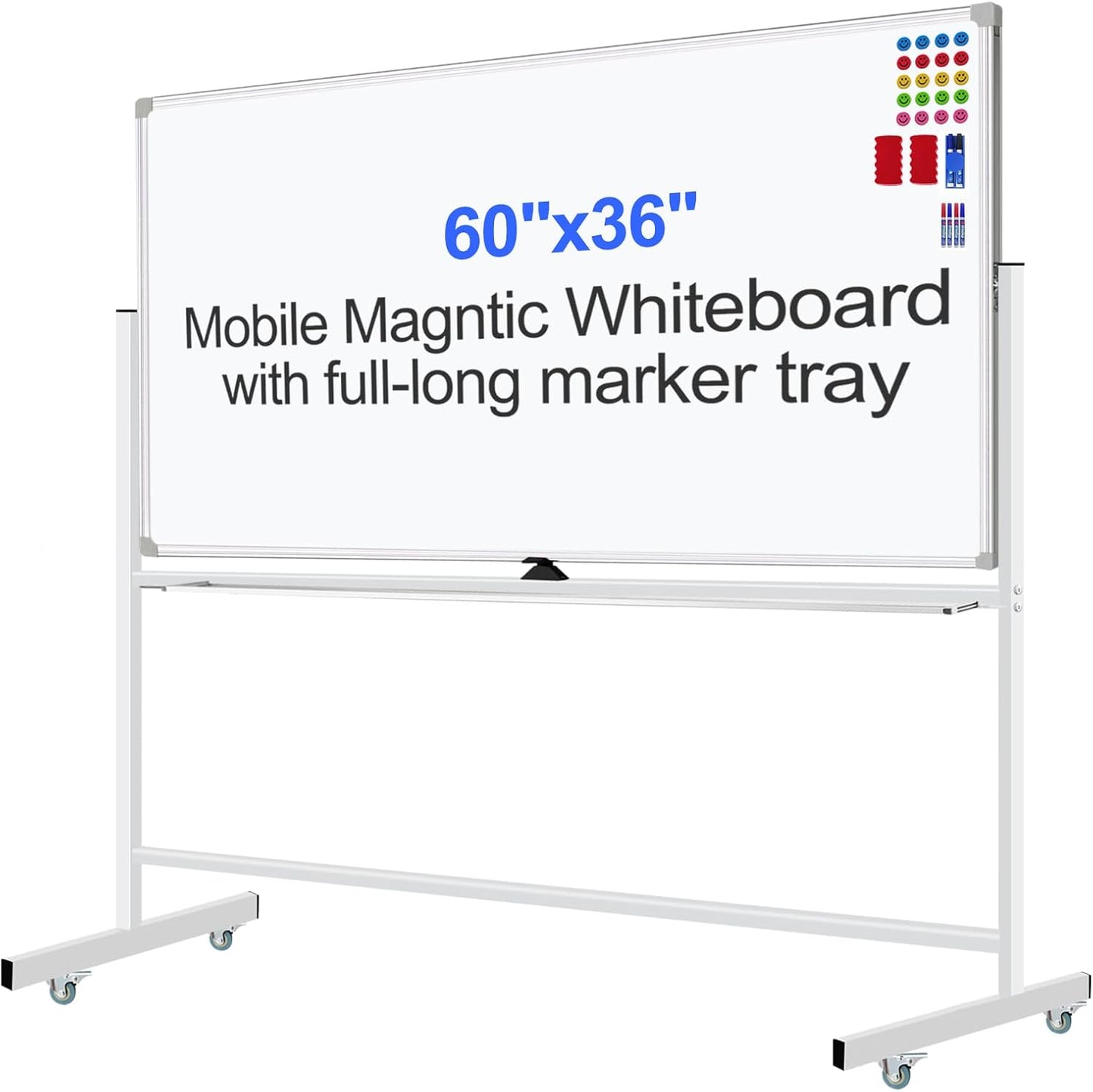 Mobile Magnet Whiteboard with Stand 60x36 Double-Sided Dry Erase Board with Stand - Magnetic Portable Standing Whiteboard - 5' x 3' Rolling White Boards with Easy Flip Feature