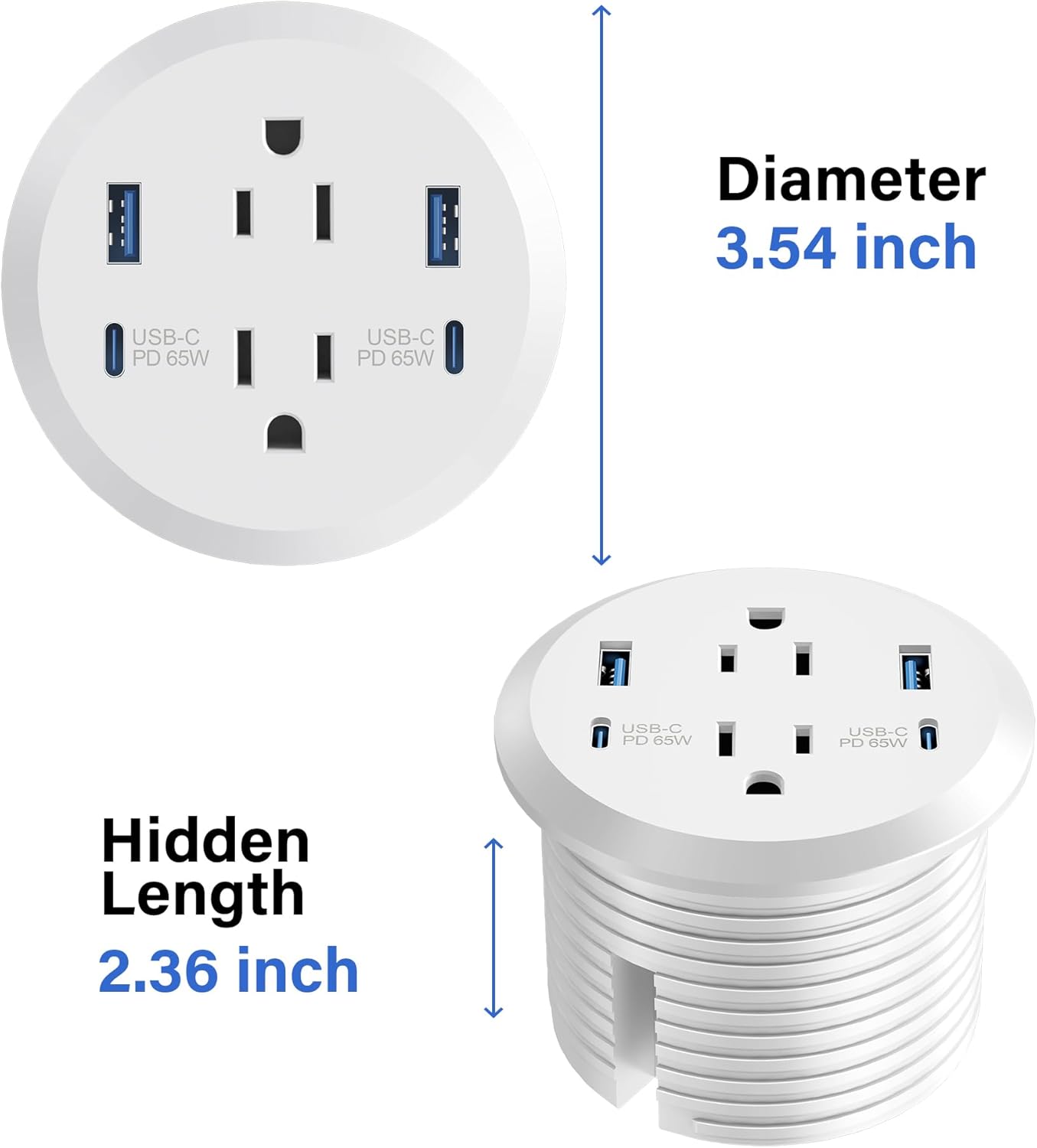 3 inch Desktop Power Grommet USB C,65W Fast Charging Station,Furniture Recessed Power Strip,2 Outlets,4 USB Ports,Flush-Mount for Desktop, Workspace Essential Desk Outlet,2 Pack (White)