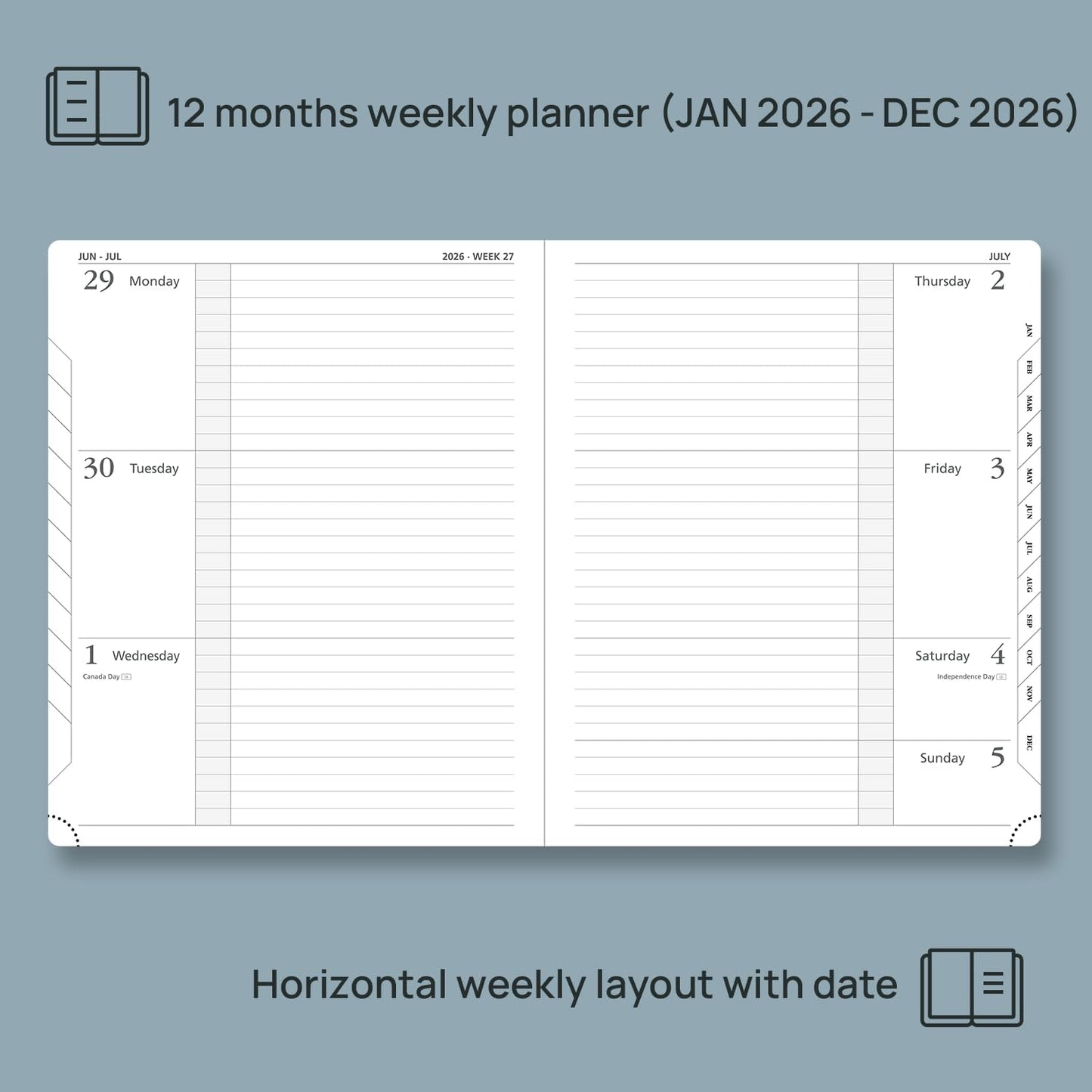 POPRUN Weekly Planner 2026 Calendar (Large 8.5" x 10.5") 12 Months Notebook with Horizontal Layout, Leather Hardcover, Inner Pocket, 100GSM Thick Paper, Pen Holder - Pacific Green