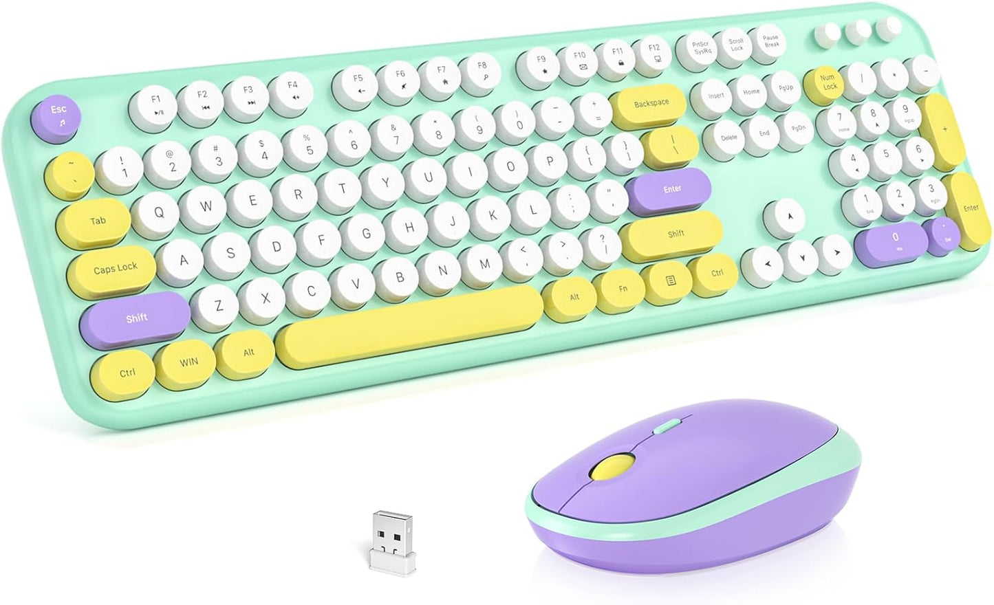 Wireless Keyboard and Mouse Combo, MOWUX Full Size Typewriter Retro Round Computer Keyboard, Cute Optical Mouse Wireless, Plug and Play, for Laptop, PC, Computer- Daydream Mint
