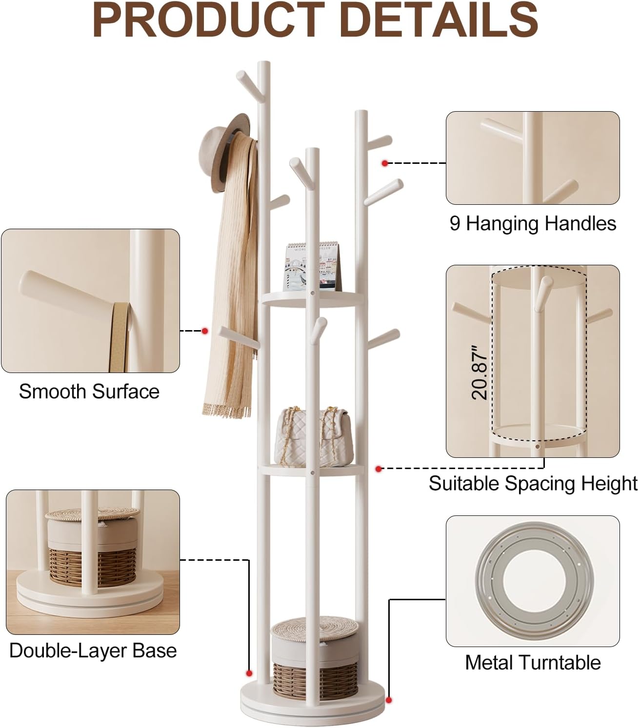 Solid Wood Rotary Coat Rack, Freestanding Coat Rack with 3 Shelves and 9 Hooks, Coat tree for Bedroom, Entryway, Livingroom, Coat Hanger Stand for Coats, Scarves, Handbags (White)