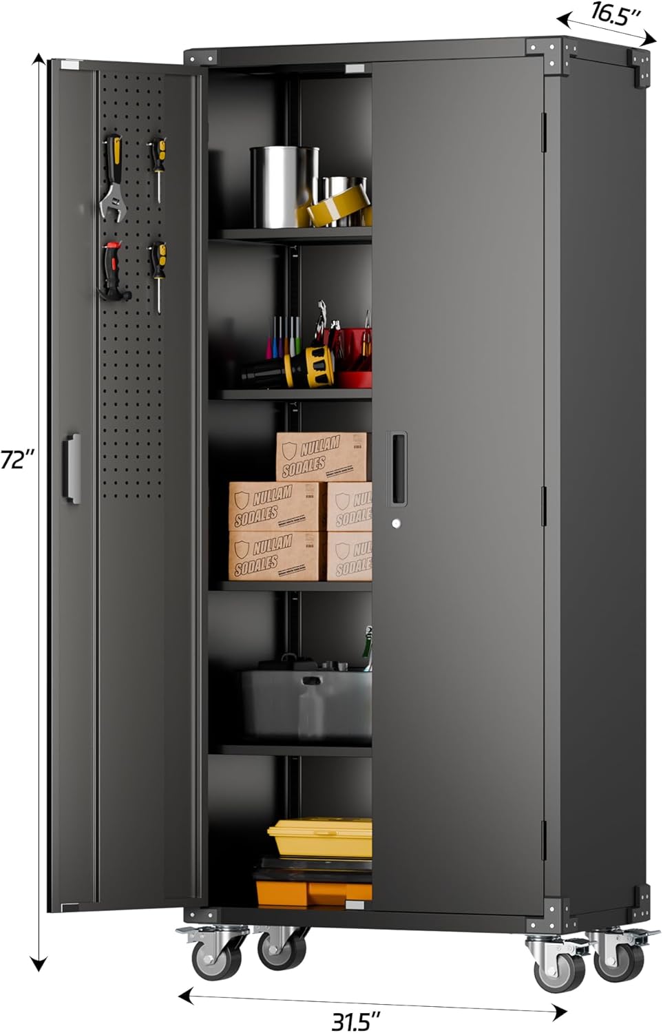 Aobabo Upgraded 72" H Garage Storage Cabinets with Wheels,Metal Storage Cabinets with Door Pegboard for Garage Home Office Storage,Assembly Required, Black