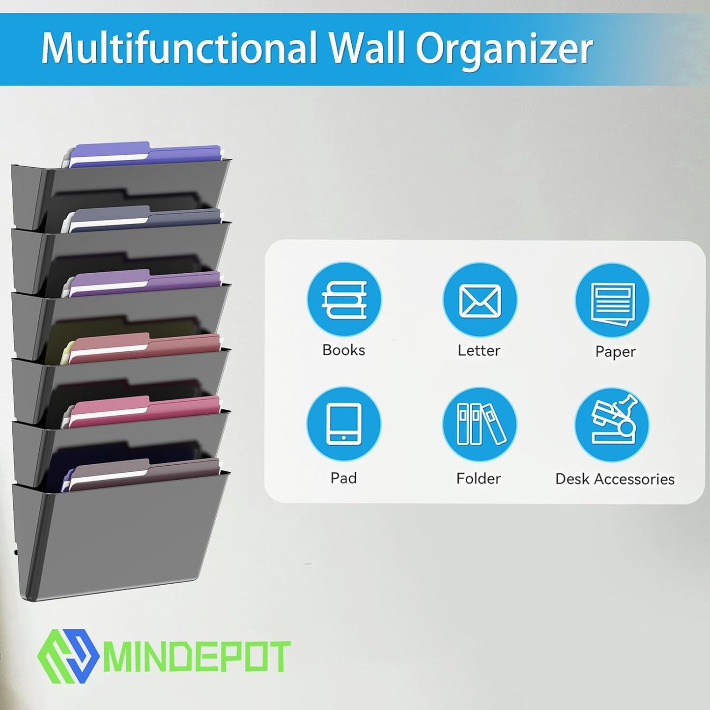 6 Pockets Acrylic Wall File Organizer, Clear Wall File Holder, Plastic Hanging Wall File Holder for Office, School and Home, Black