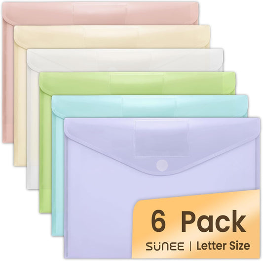 SUNEE 6 Pack Plastic Envelopes, Folders for Document for A4 Letter Size, Poly File Folders with Label Pockets for School Home Office Organizer Work Supplies, 6 Colors