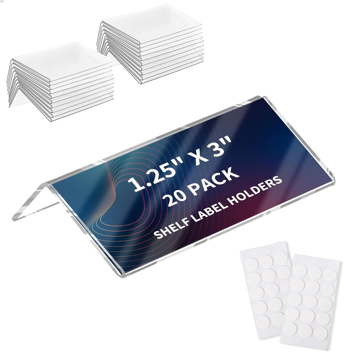 20 Pack Acrylic Rigid Shelf Label Holders for School Office Library Book Shelves Tags Shelf Labels with Sticky Dots, Transparent Tabletop Price Sign Stand for Store Bakeries (1.25x3 in)