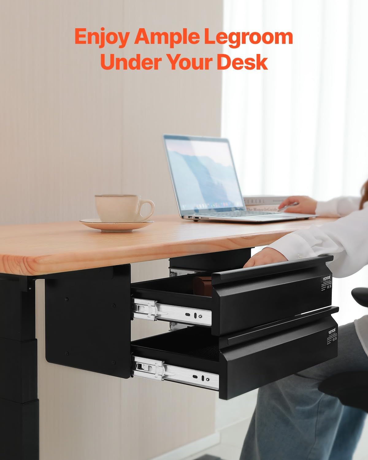 VEVOR Under Desk 2 Layer Slide Out Drawer, 16 inch Under Desk Pull-out Drawer for Home Office Sit Stand Workstation, Black