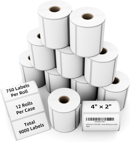 4"x2" Direct Thermal Labels for Zebra LP2844 GK420D ZD421 ZD420 Series, 12-Roll 9000 Pcs 2x4 Waterproof Strong Adhesive Barcode Return Address Label Used with Rollo MUNBYN Desktop Printer