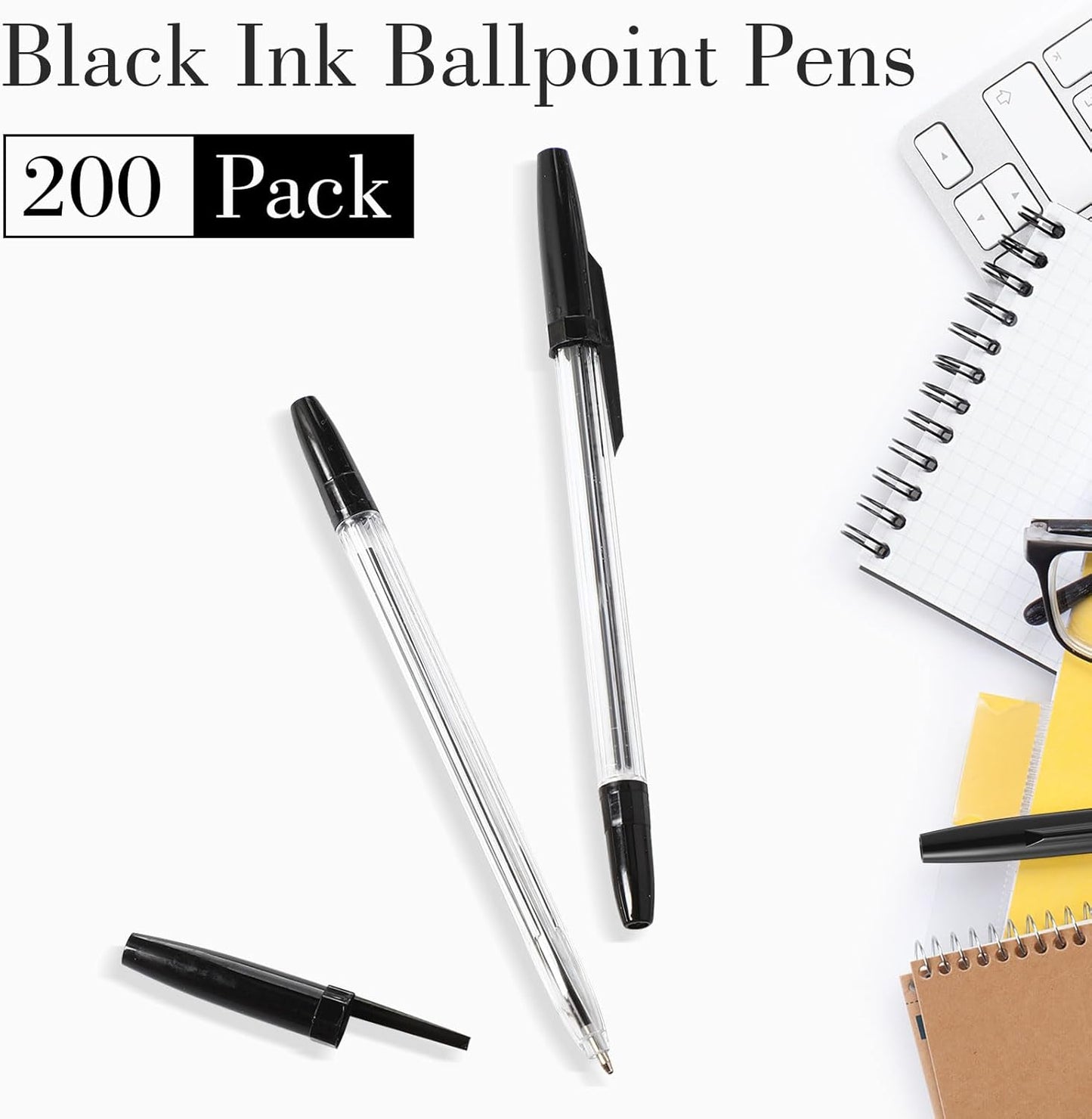 200 Pieces Ballpoint Pens Bulk Black Ink, 1.0mm Medium Point, Bullet Tip Smooth Writing Pens for Office, Business, Server, School Supplies