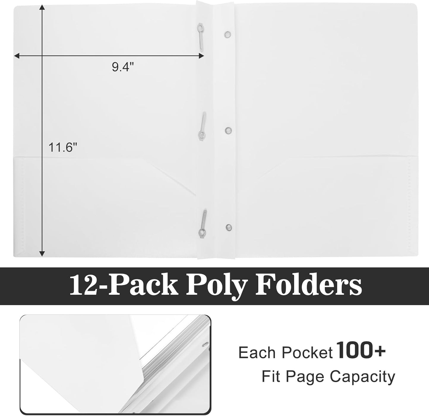 60-Pack Plastic Folders with Pockets and Prongs,2-Pocket Folders with 3 Fasteners, Poly Folders Holds 8-1/2" x 11" Paper for School/Office/Home, White