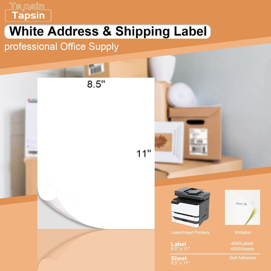 Full Sheet Labels 8.5 X 11, White Matte Sticker Paper, Laser/Inkjet Printing, 4000 Sheets, 4000 Labels, 1 Up Shipping Mailing Address Storage Bin Labels Stickers 8-1/2" x 11"