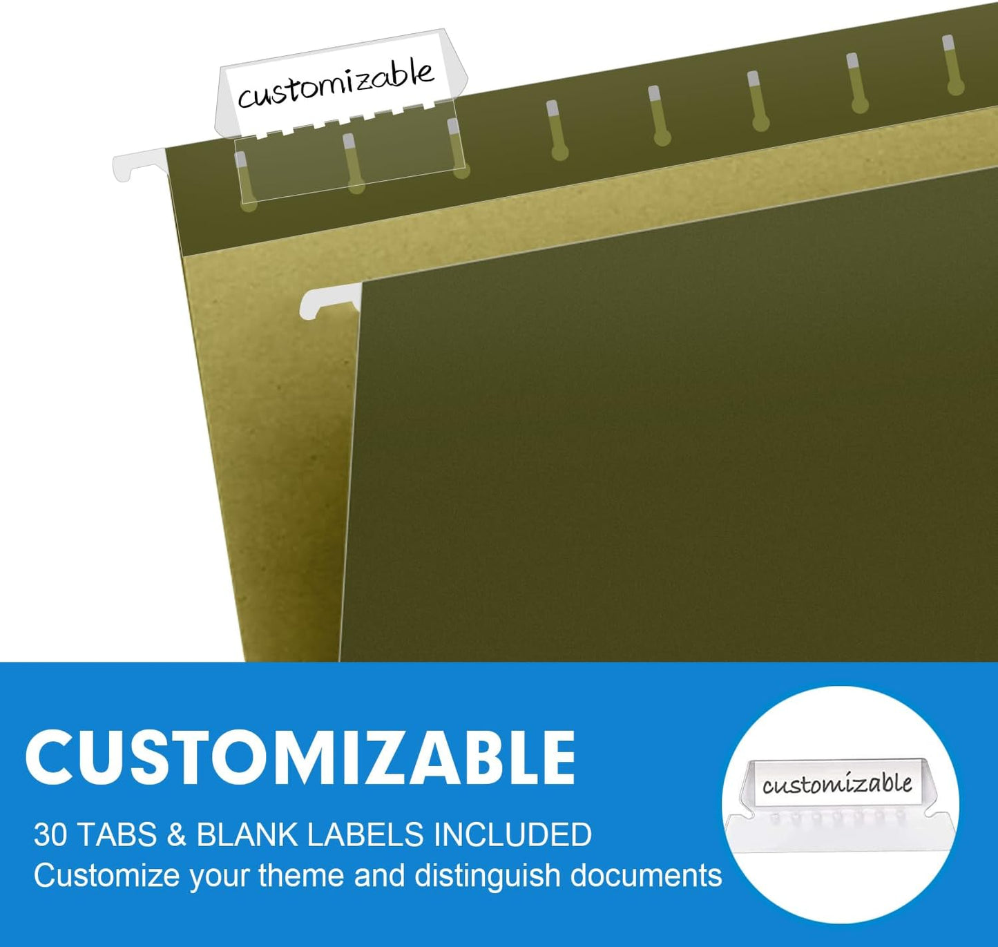 Extra Capacity Hanging File Folders, RAZCC 30 Pack Letter Size Reinforced Hanging Folders with Heavy Duty 1 Inch Expansion for Bulky Files, Filing Cabinet, Adjustable Tabs, Green