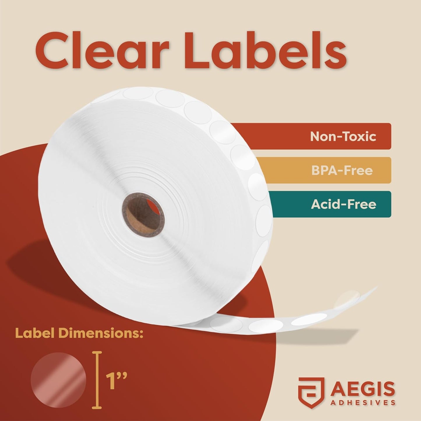 Aegis Adhesives - 1" Clear Circle Labels for Use as Protective Covers, Sealing Envelopes and Boxes, Library Book Spines, and More (1 Roll, 5000 Labels/Roll)