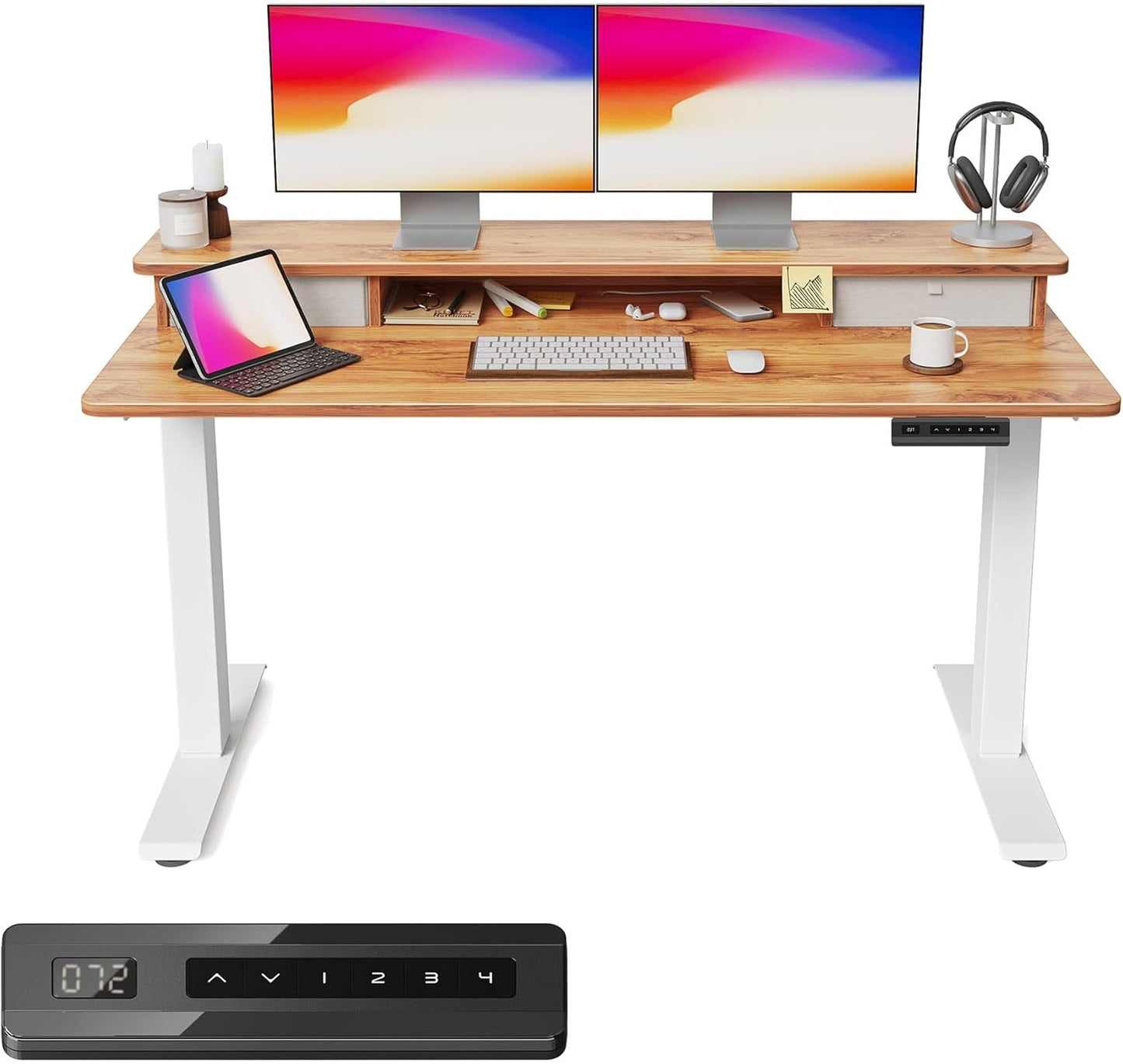 FEZIBO 55 x 24 Inch Height Adjustable Electric Standing Desk with Double Drawer, Computer Desk, Home Office Stand Up Table with 4 Height-Adjustable Feets & 2 Hooks, Light Rustic