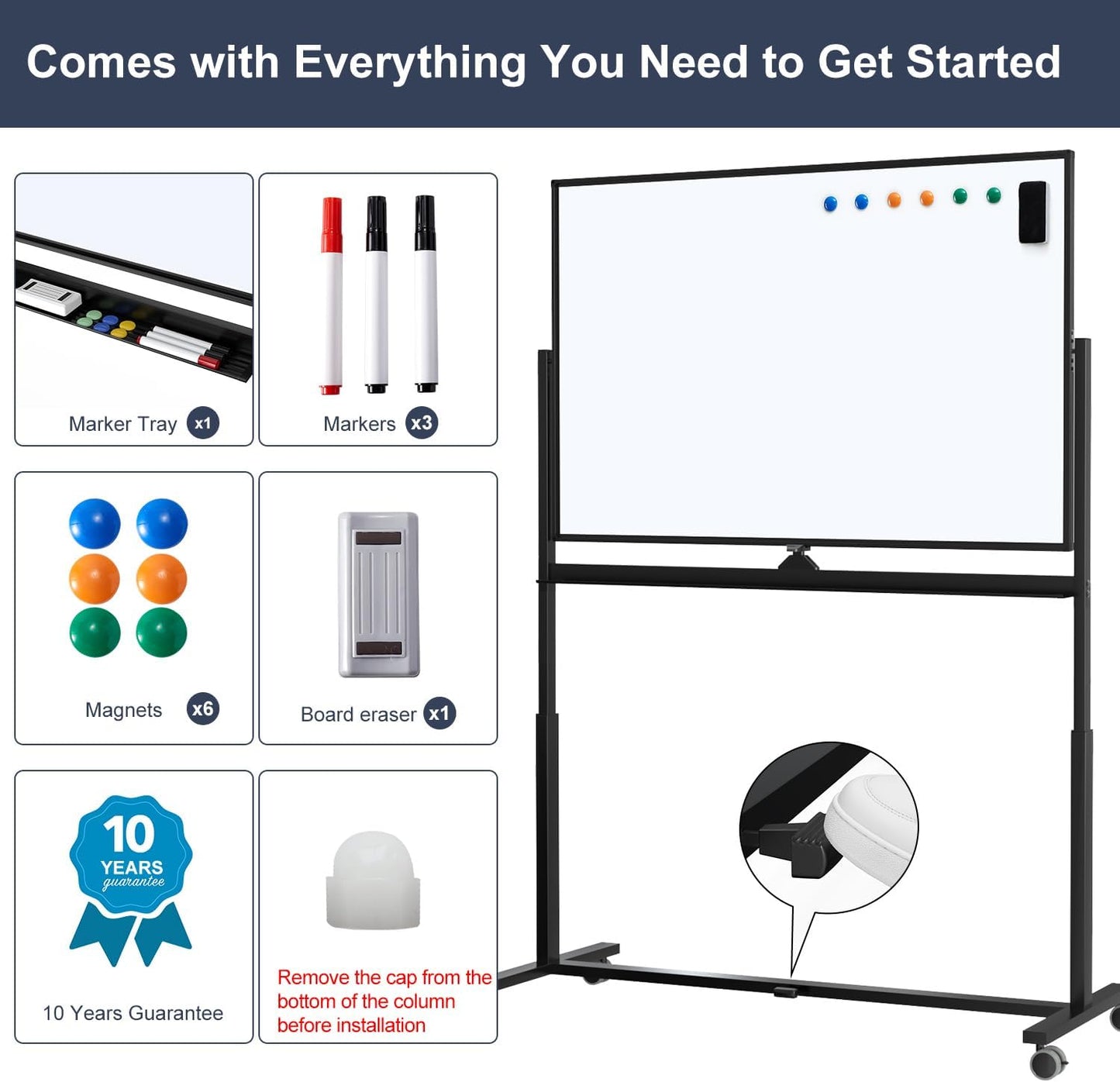 Rolling Whiteboard, 48 x 32 Inches Magnetic White Board with Stand, Double-Sided Large Standing Dry Erase Board on Wheels, Height-Adjustable Mobile Dry Erase Board for Office, Home, Classroom
