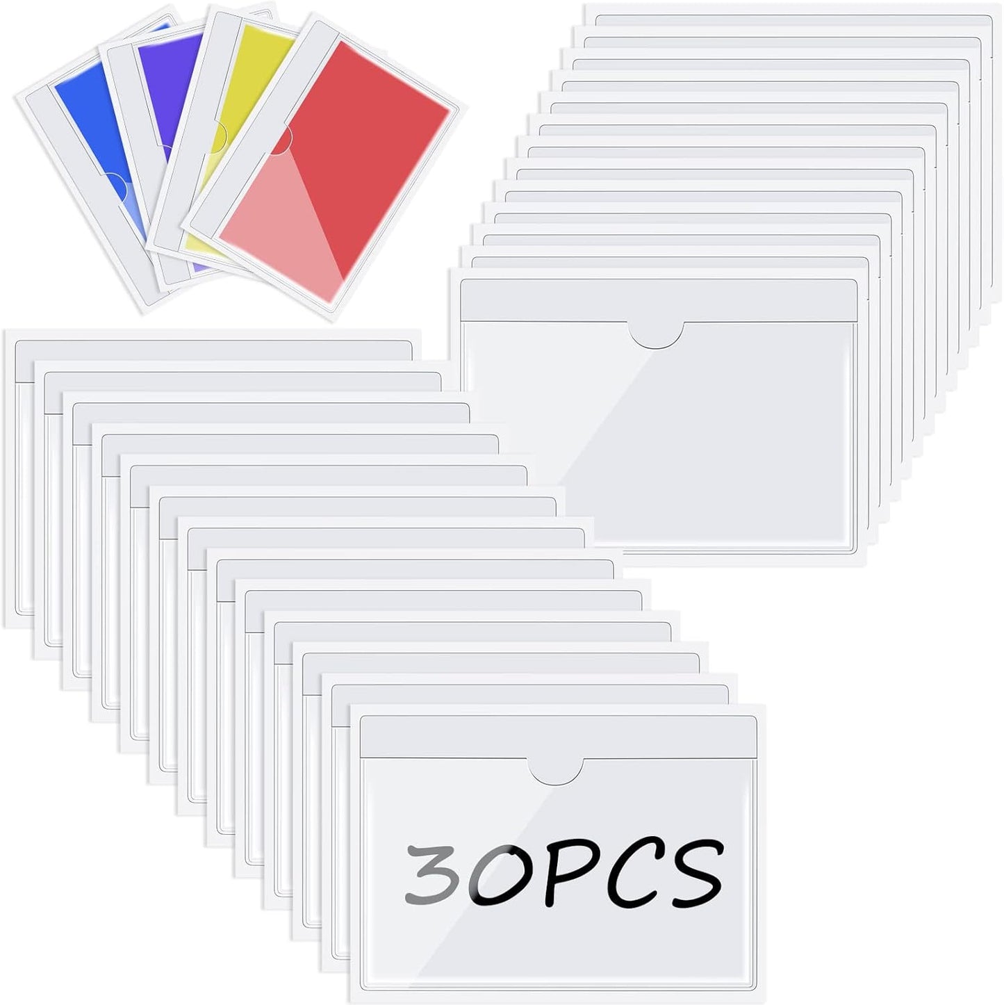 Chinco 30 Pcs Self Adhesive Pockets, Bin Labels for Storage Bins, Clear Pocket Label Sleeves, Plastic Index Card Holder with Top Open for Organizing Bins Box Drawer(3 x 5 Inches)