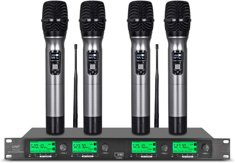 UHF Wireless Microphone System 4 Channel Microphones 4 Handheld Karaoke DJ Mic Karaoke System Whole Metal Mic Karaoke System for Church Speaking Conference Wedding Party Frequency A