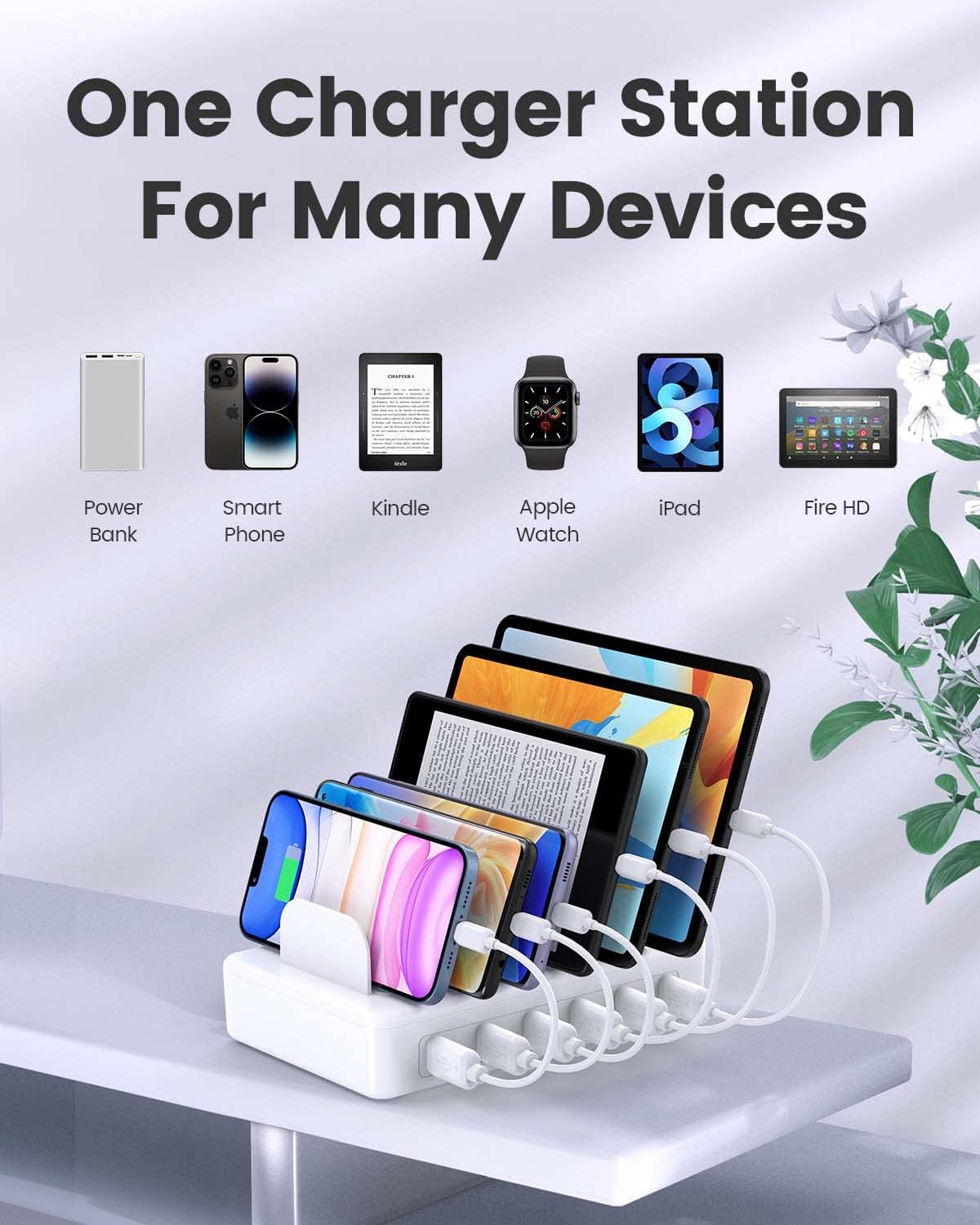 Charging Station for Multiple Devices Apple, CREATIVE DESIGN 50W Multi Charger Station with 6 USB Ports & 6 Cables, Charging Dock for Apple Android Phone iPad Kindle Tablet and Other Electronic