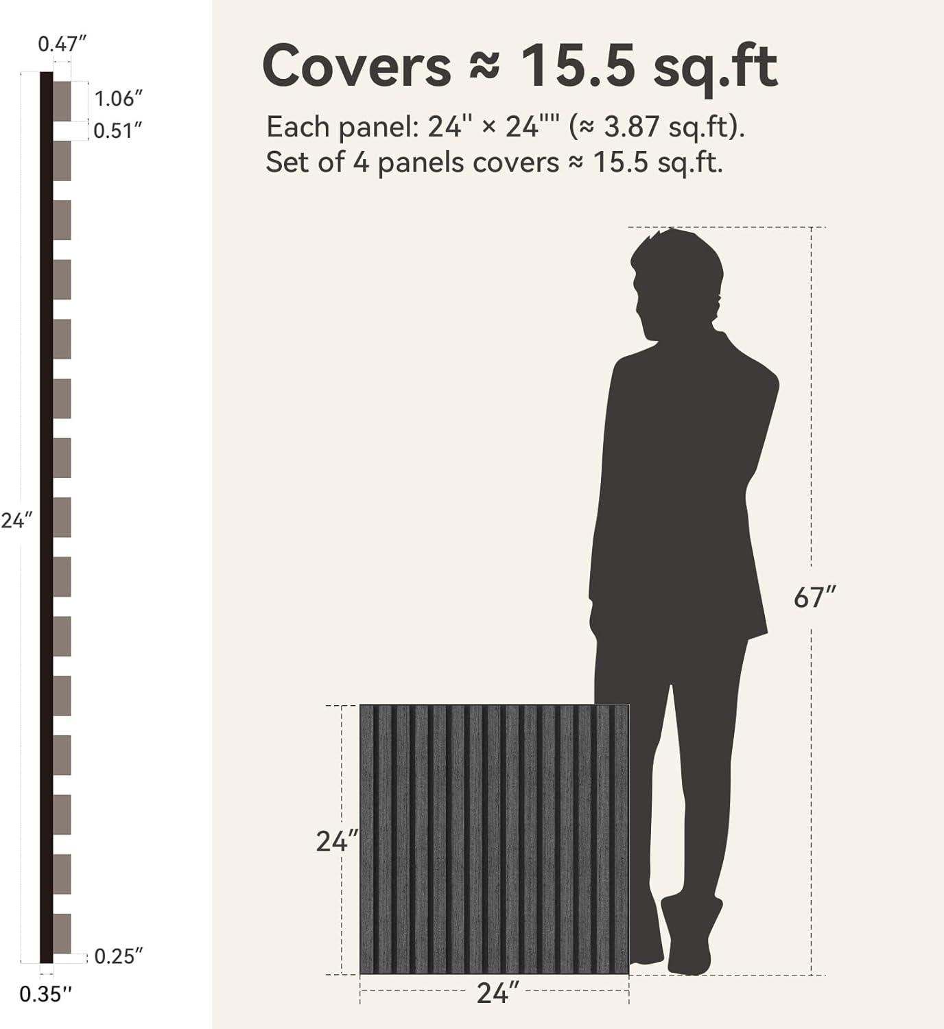 Upick MDF Acoustic Wall Panels Sound Absorbing, 4 Pack 24 x 24 inch Sound Proof Foam Wall Panels & Wood Slat Wall Panels for Interior Wall Decor (Matte Black)